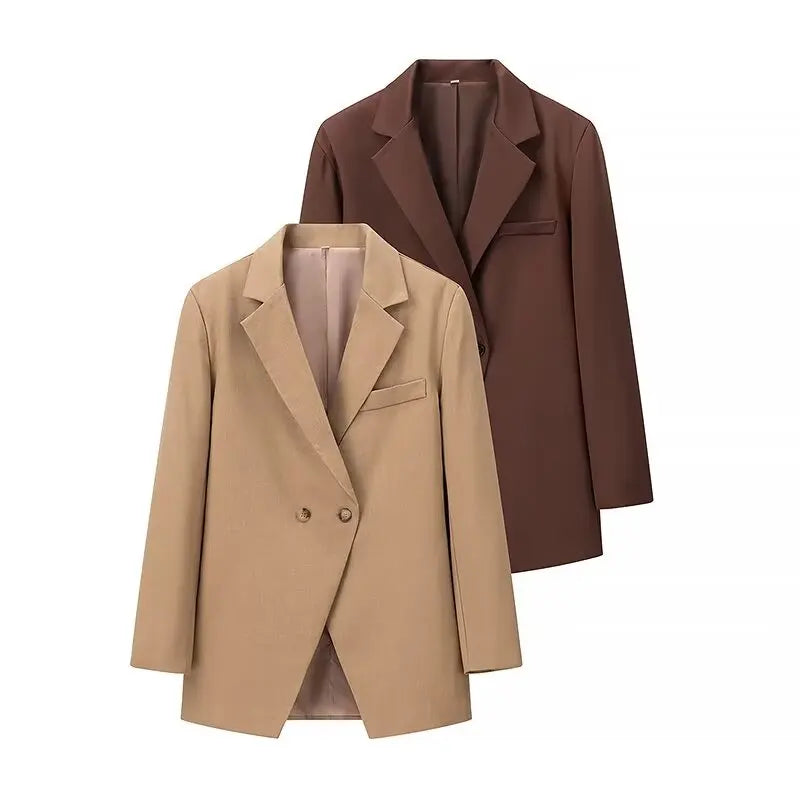 2024 CHIC Double Buttons BF Blazer Boyfriend Vintage Women Notched Cut out Front Hem Long Sleeve Suit Loose Female Coat Camel