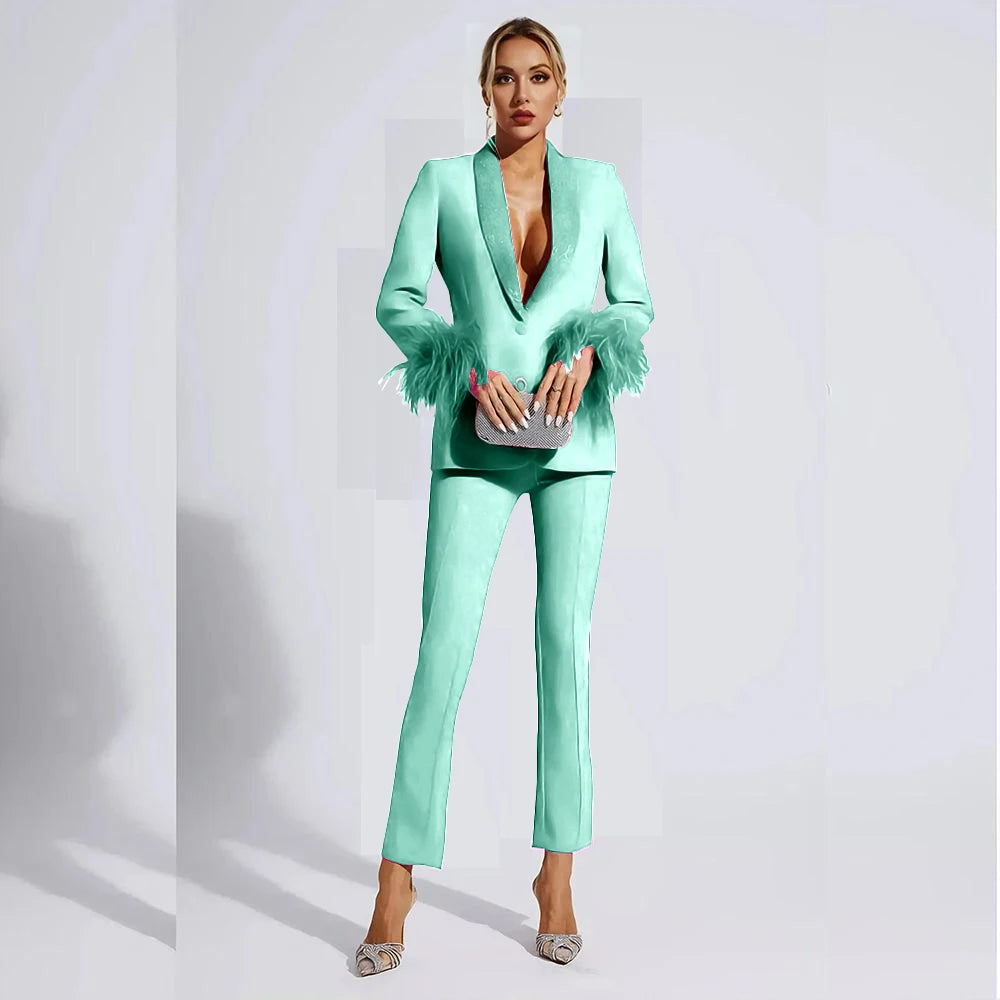 Elegant Rose Red Women two Pieces Suit Feather Crystal Shawl Lapel One Button Jacket Pant Set Wedding Office Female Clothing