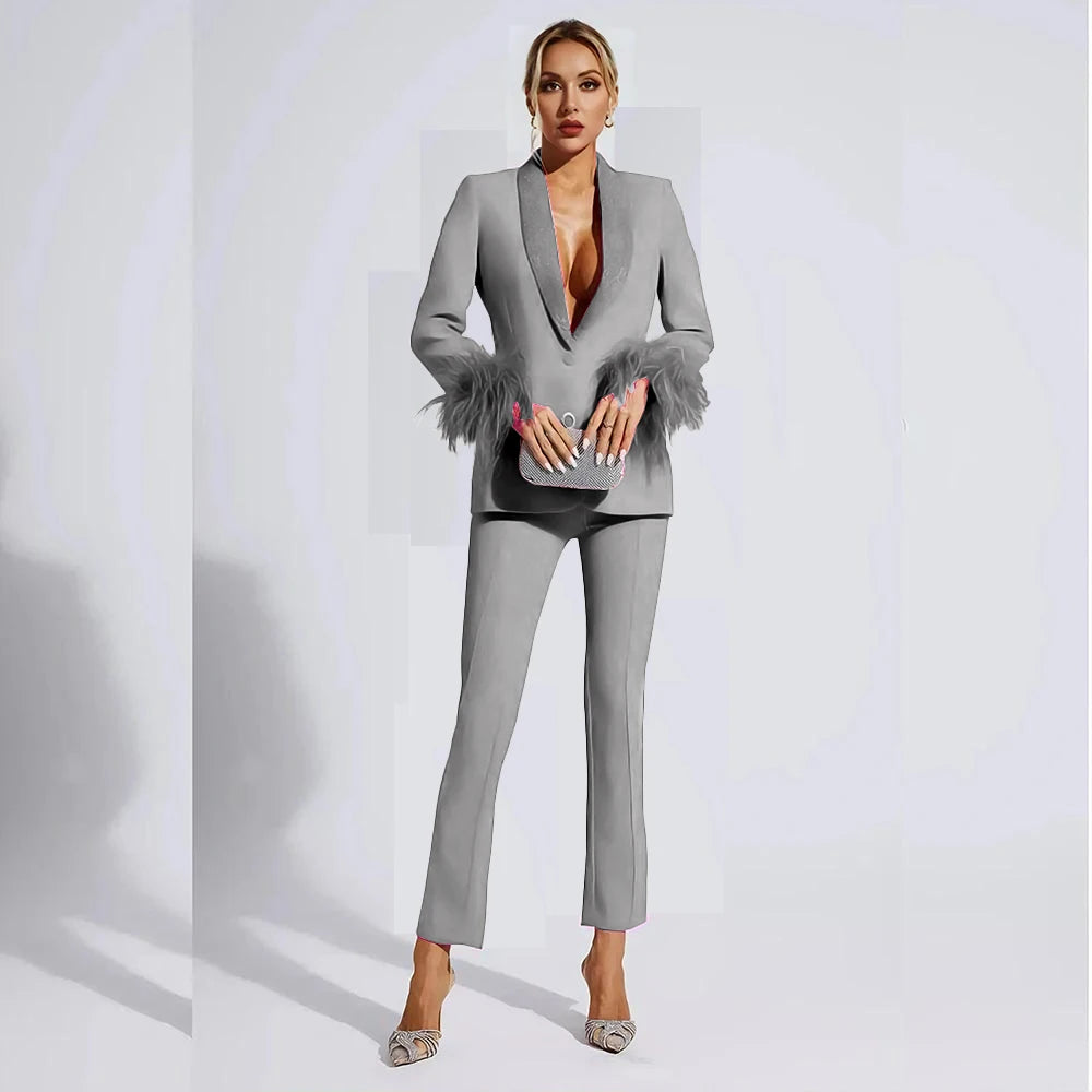 Elegant Rose Red Women two Pieces Suit Feather Crystal Shawl Lapel One Button Jacket Pant Set Wedding Office Female Clothing