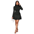 Summer High Waist Elastic Long Sleeve Dress Women's Halter Neck Pleated Short Skirt Casual Daily Polyester Fiber Dress
