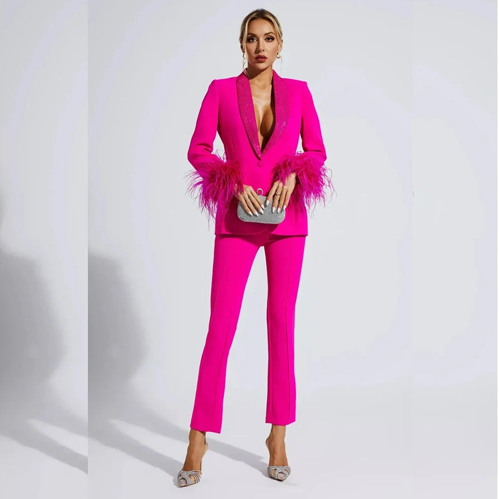 Elegant Rose Red Women two Pieces Suit Feather Crystal Shawl Lapel One Button Jacket Pant Set Wedding Office Female Clothing