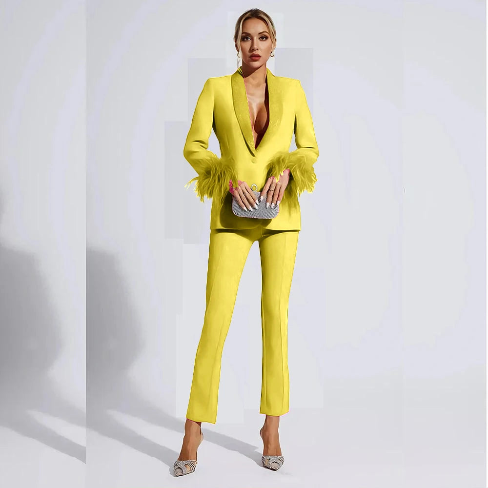 Elegant Rose Red Women two Pieces Suit Feather Crystal Shawl Lapel One Button Jacket Pant Set Wedding Office Female Clothing