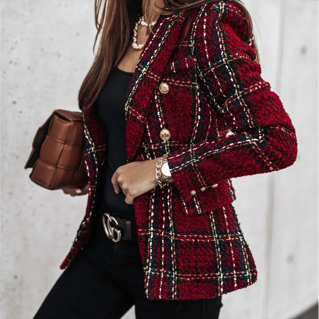 Conjuntos Femininos Elegantes Lapel Plaid Printed Autumn And Winter Buttons Loose Suit Office Commuting Style Blazers Top Damski