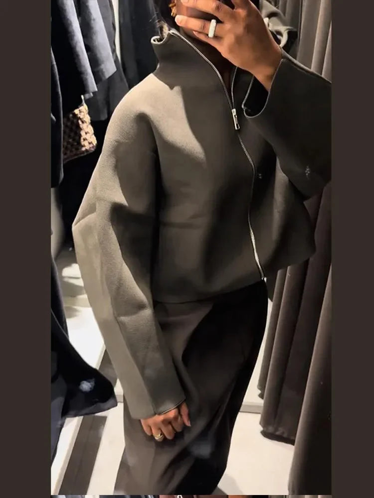 Casual Solid Stand Collar Short Jacket Women