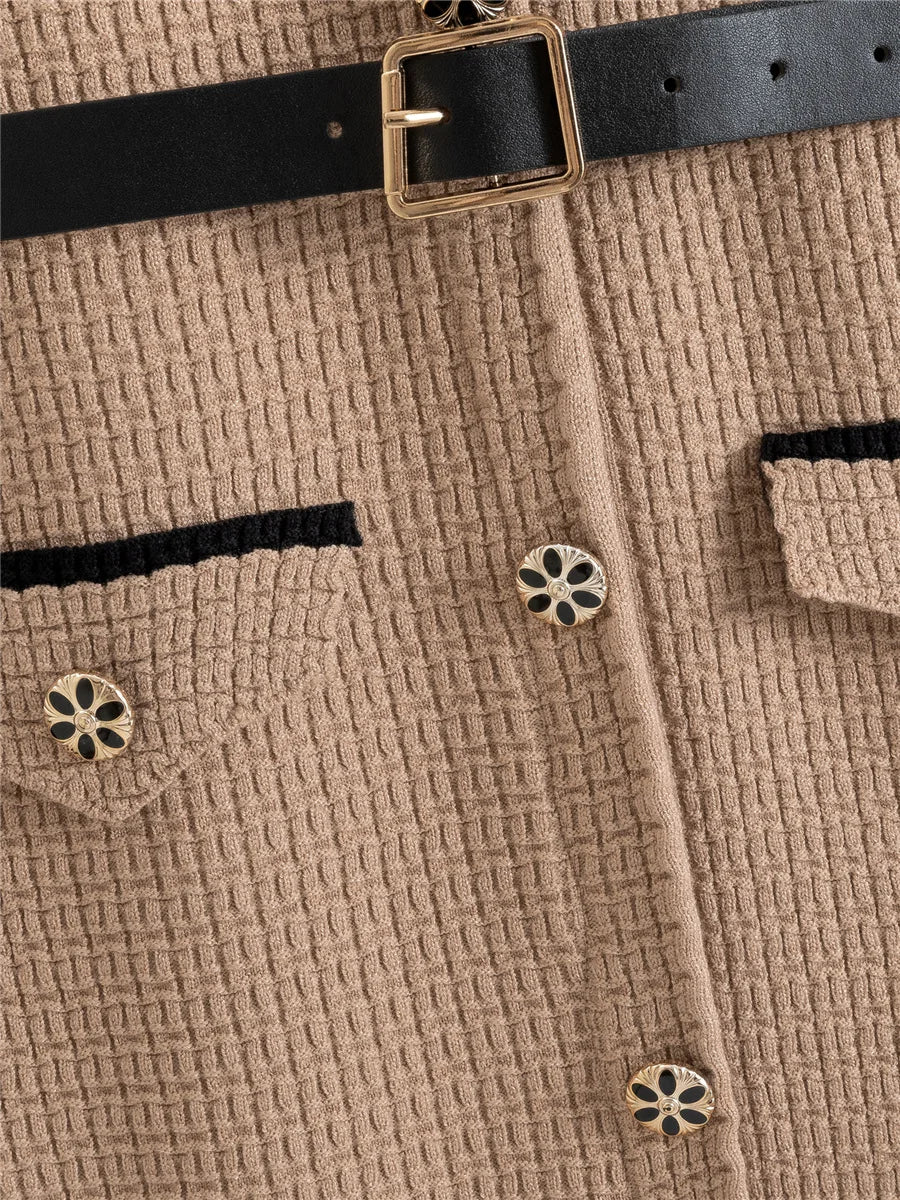 Elegant Fashion A-lined Knit Dress Women O-neck Knitwears Long Sleeve Vestidos Korean Design Slim Mid Length Dresses With Belt