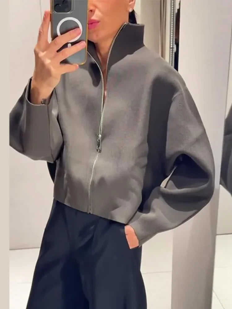 Casual Solid Stand Collar Short Jacket Women