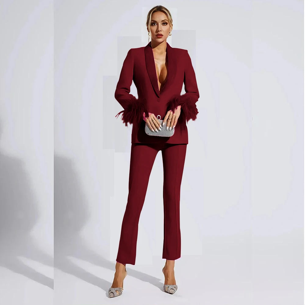 Elegant Rose Red Women two Pieces Suit Feather Crystal Shawl Lapel One Button Jacket Pant Set Wedding Office Female Clothing