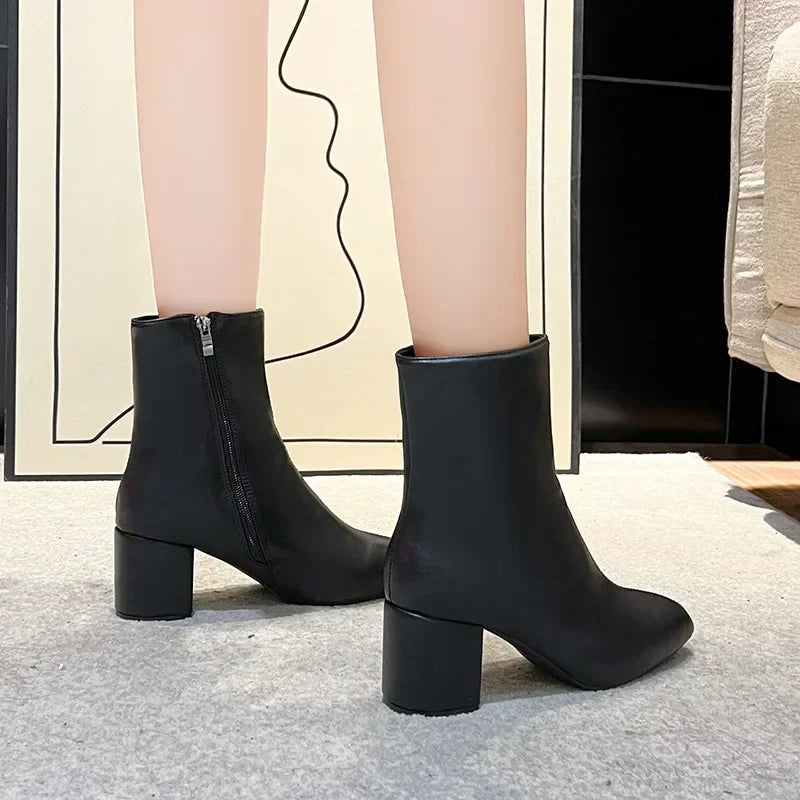 Leather Medium Heeled Short Boots for Women