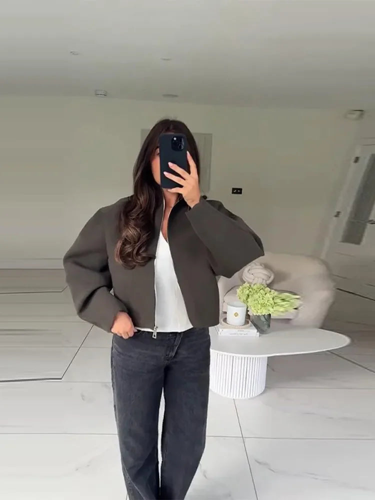 Casual Solid Stand Collar Short Jacket Women