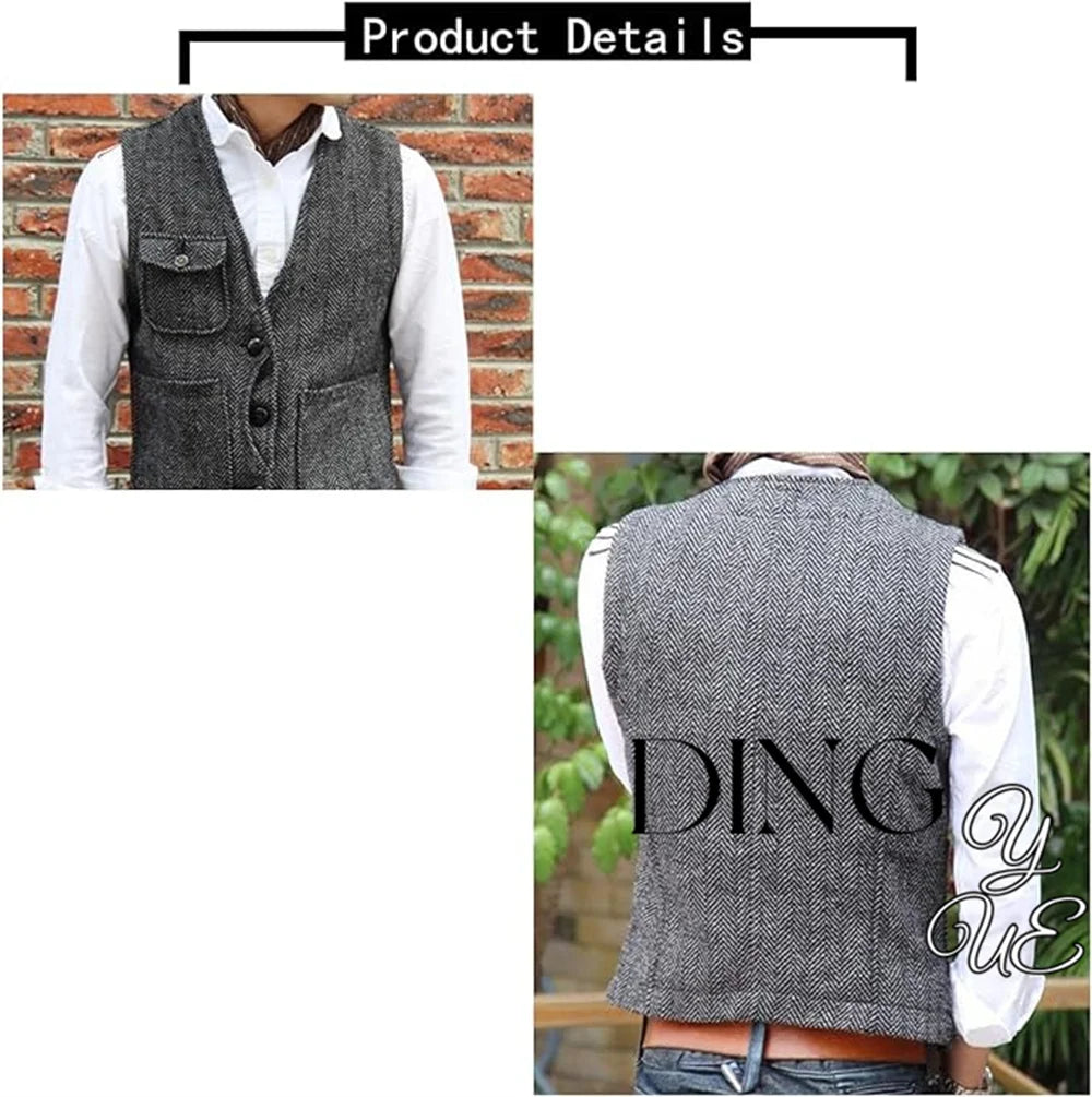Herringbone Men's Suit Vest V Neck 3 buttons Woolen Mens Vests Waistcoat Jacket 3 Pockets Casual Formal Business chaleco hombre