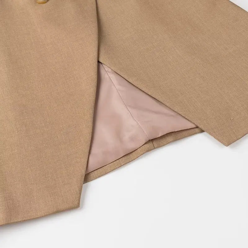 2024 CHIC Double Buttons BF Blazer Boyfriend Vintage Women Notched Cut out Front Hem Long Sleeve Suit Loose Female Coat Camel