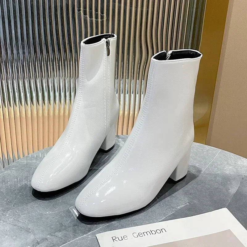 Leather Medium Heeled Short Boots for Women