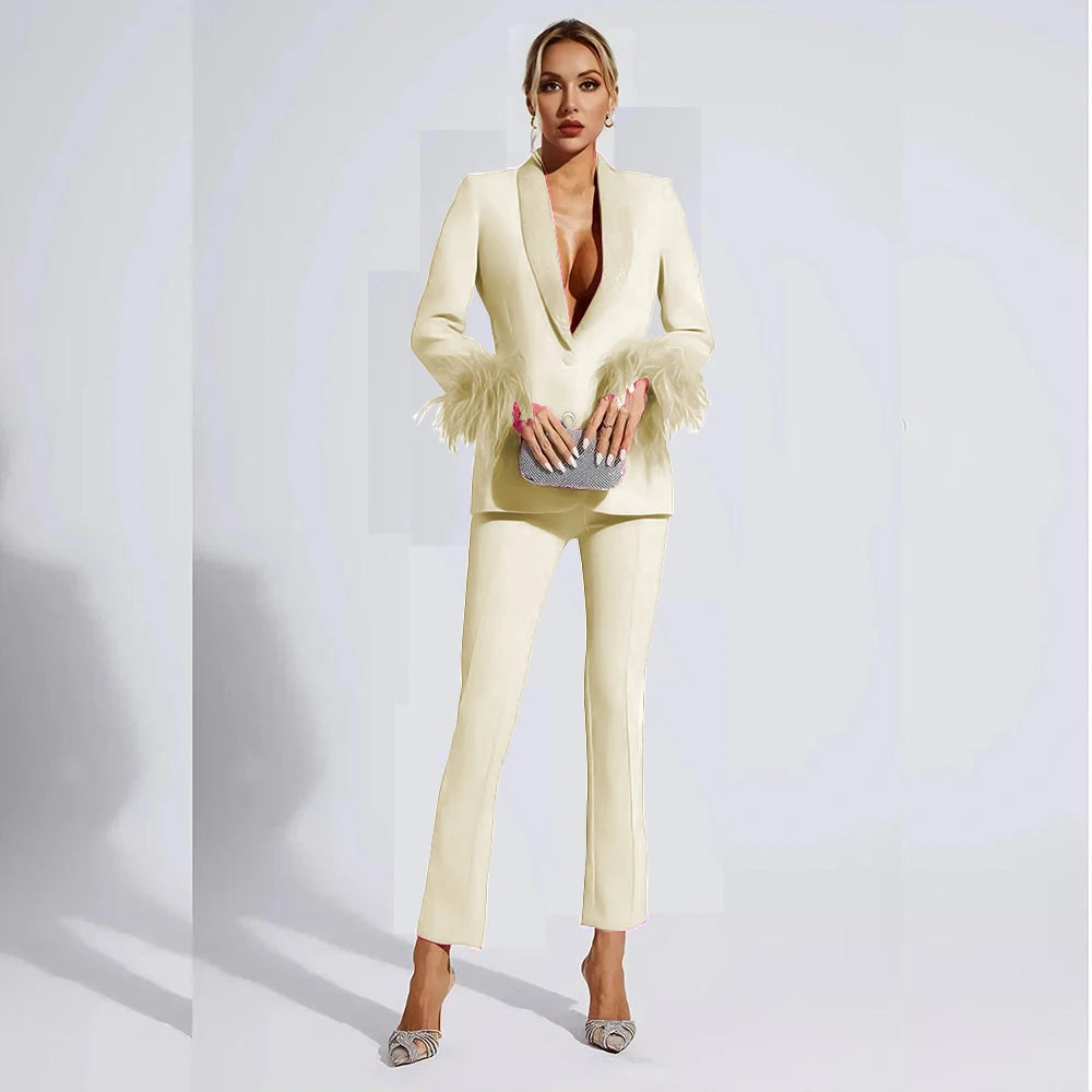 Elegant Rose Red Women two Pieces Suit Feather Crystal Shawl Lapel One Button Jacket Pant Set Wedding Office Female Clothing