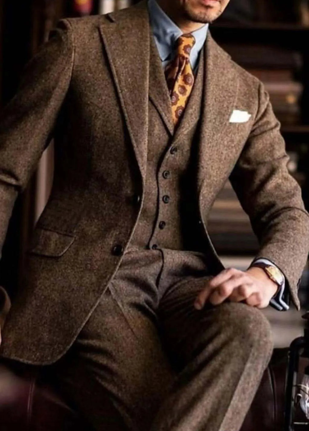 Retro Tweed Herringbone Suit Men's  Slim Fit Single-breasted 3 Pieces Mens Suit Groom Dress Tuxedos Prom Suit Jacket Vest Pants